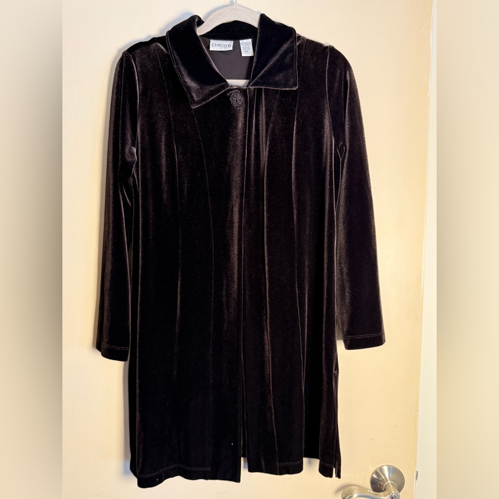 Chico’s Brown Velvet Jacket Embellished Button Long Sleeve Open Front